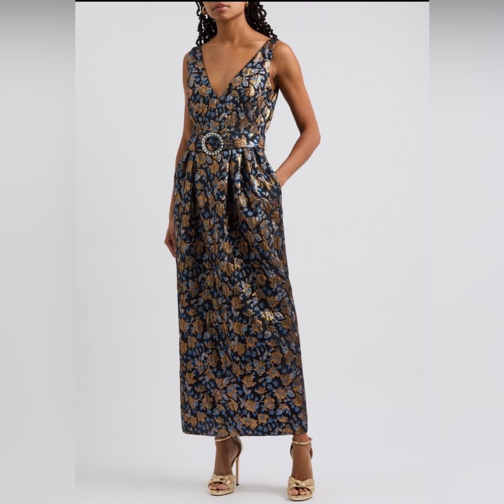 STUNNING!! NWT Tuckernuck Borgo de Nor Jules Jacquard Navy Gold Midi US 12 Large